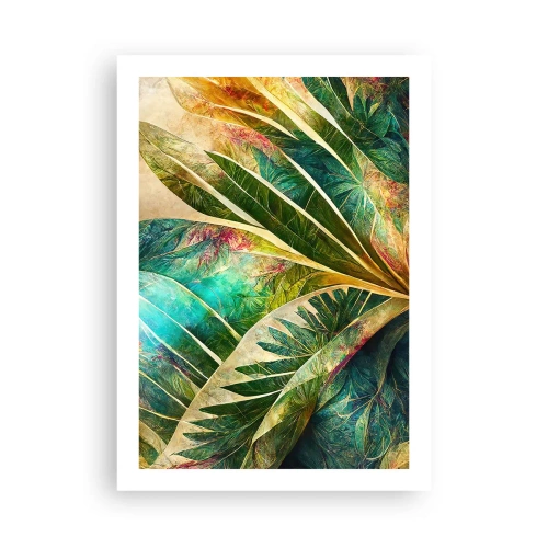 Plakat - Liściasta kompozycja w zielono-złotej tonacji - 50x70cm - Barwy tropików - Nowoczesna dekoracja ścienna do salonu, kuchni i sypialni ARTTOR
