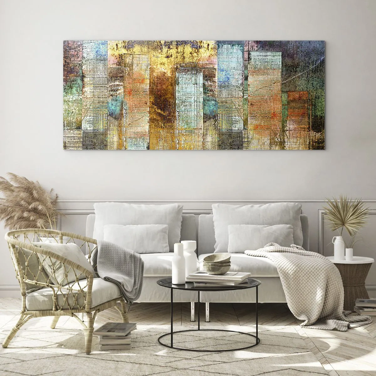 Obraz na szkle - Abstrakcyjne wieżowce w industrialnej stylistyce - 140x50cm - Słoneczna metropolia - Nowoczesna dekoracja ścienna do salonu i sypialni ARTTOR