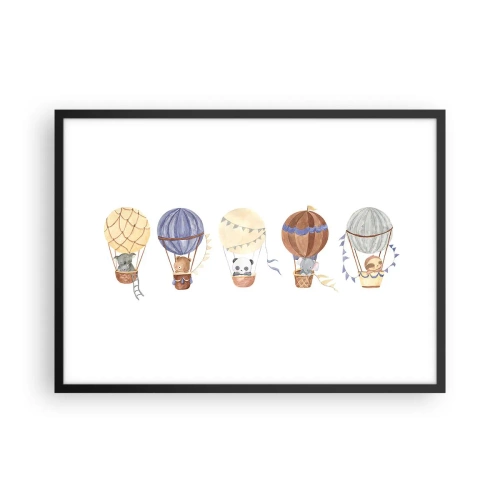 Plakat w czarnej ramie - Urocze zwierzęta w balonach na białym tle - 70x50cm - Przyjaciele w podróży - Nowoczesna dekoracja ścienna do salonu i sypialni ARTTOR