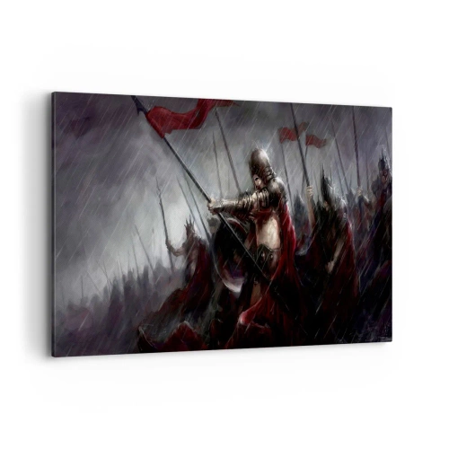 Obraz na płótnie - Rycerze w deszczu maszerujący na pole bitwy - 100x70cm - Przechodniu, powiedz Sparcie… - Nowoczesna dekoracja ścienna do salonu, kuchni i sypialni ARTTOR