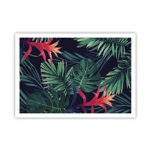 Plakat - Tropikalne liście i kwiaty na ciemnym tle - 100x70cm - Zapłonąć w zieleni - Nowoczesna dekoracja ścienna do salonu i sypialni ARTTOR