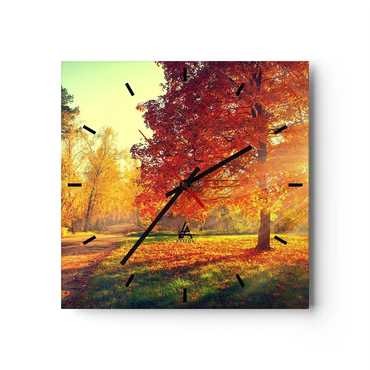 Zegar ścienny - Jesienny park oświetlony promieniami słońca - 30x30cm - Rude jest piękne - Nowoczesna dekoracja ścienna do salonu i sypialni ARTTOR