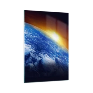Obraz na szkle - Widok na Ziemię z kosmosu przy zachodzącym słońcu - 70x100cm - Wschód słońca nad błękitną planetą - Nowoczesna dekoracja ścienna do salonu i sypialni ARTTOR