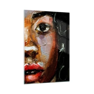 Obraz na szkle - Ekspresyjny portret kobiety w intensywnych barwach - 80x120cm - Czerń i blask - Nowoczesna dekoracja ścienna do salonu i sypialni ARTTOR