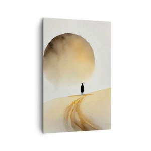 Obraz na płótnie - Minimalistyczna postać na pustynnej drodze z wielkim słońcem - 80x120cm - Zawsze tęsknota - Nowoczesna dekoracja ścienna do salonu i sypialni ARTTOR