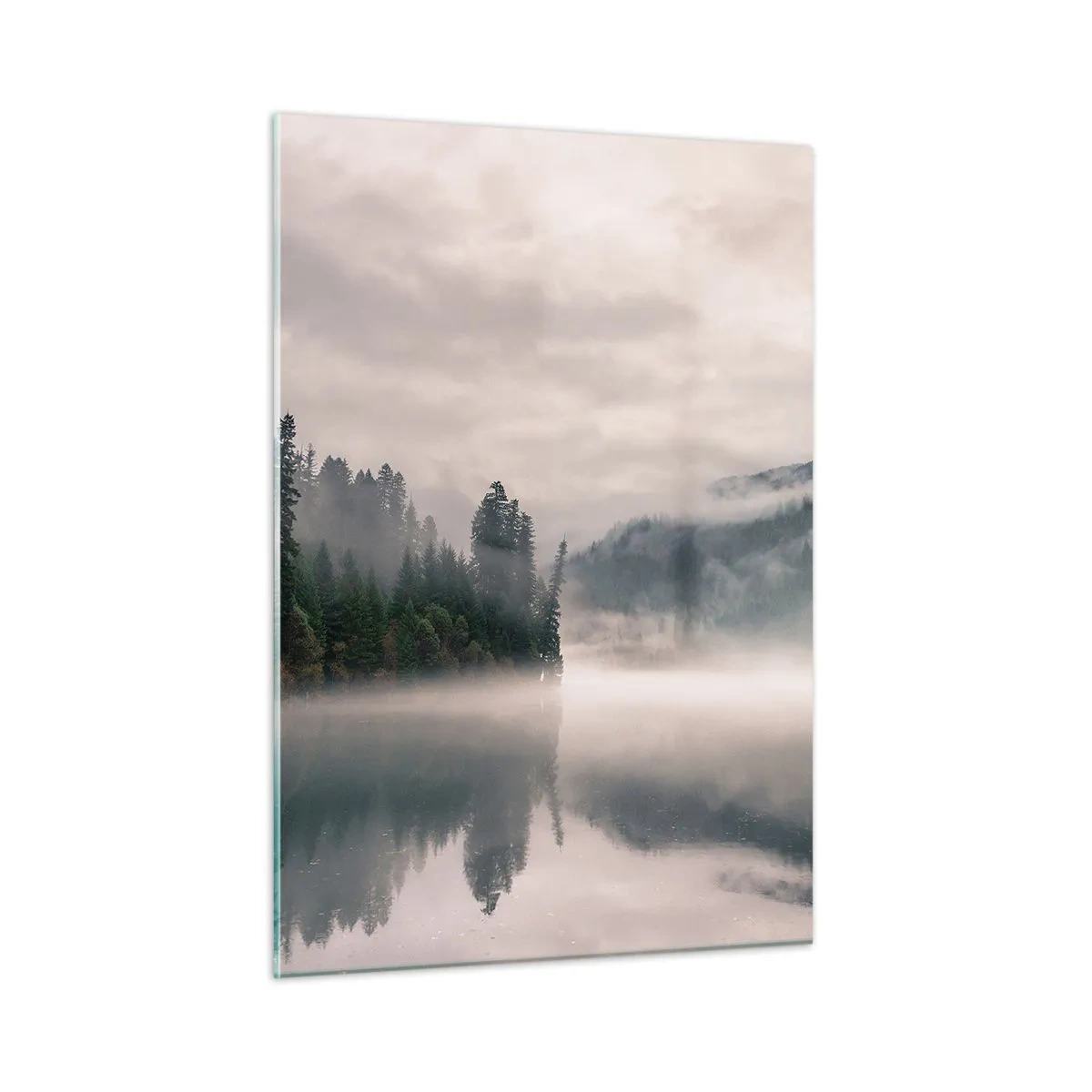 Obraz na szkle - Poranny widok na jezioro w lesie, otulone mgłą - 50x70cm - W zadumie, we mgle - Nowoczesna dekoracja ścienna do salonu, kuchni i sypialni ARTTOR