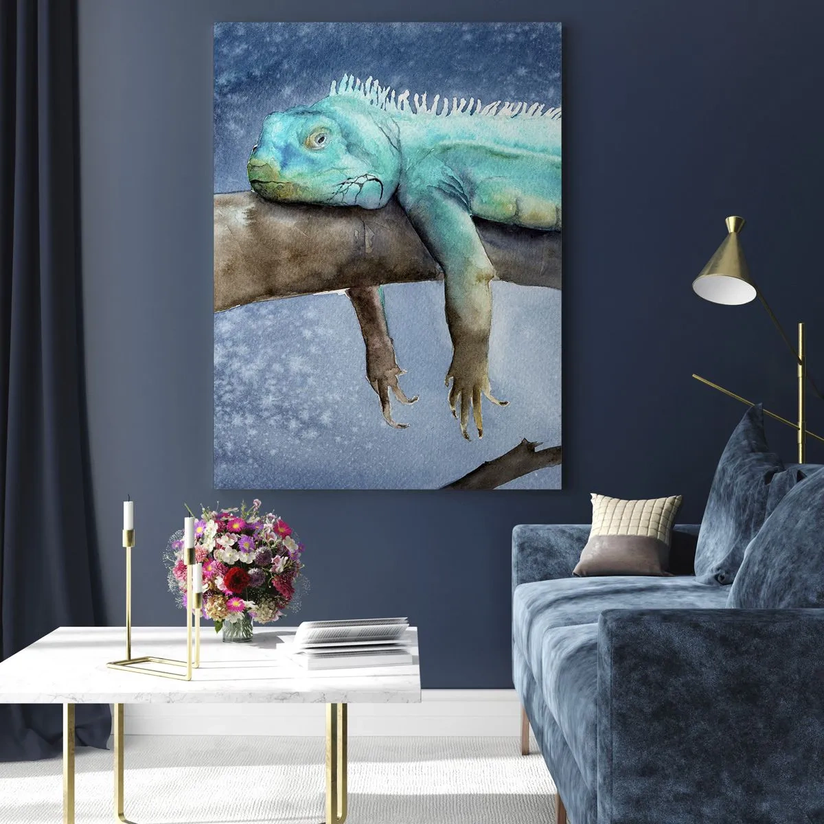 Obraz na szkle - Niebieska iguana leżąca na gałęzi w akwarelowym stylu - 50x70cm - Jest dobrze! - Nowoczesna dekoracja ścienna do salonu, kuchni i sypialni ARTTOR