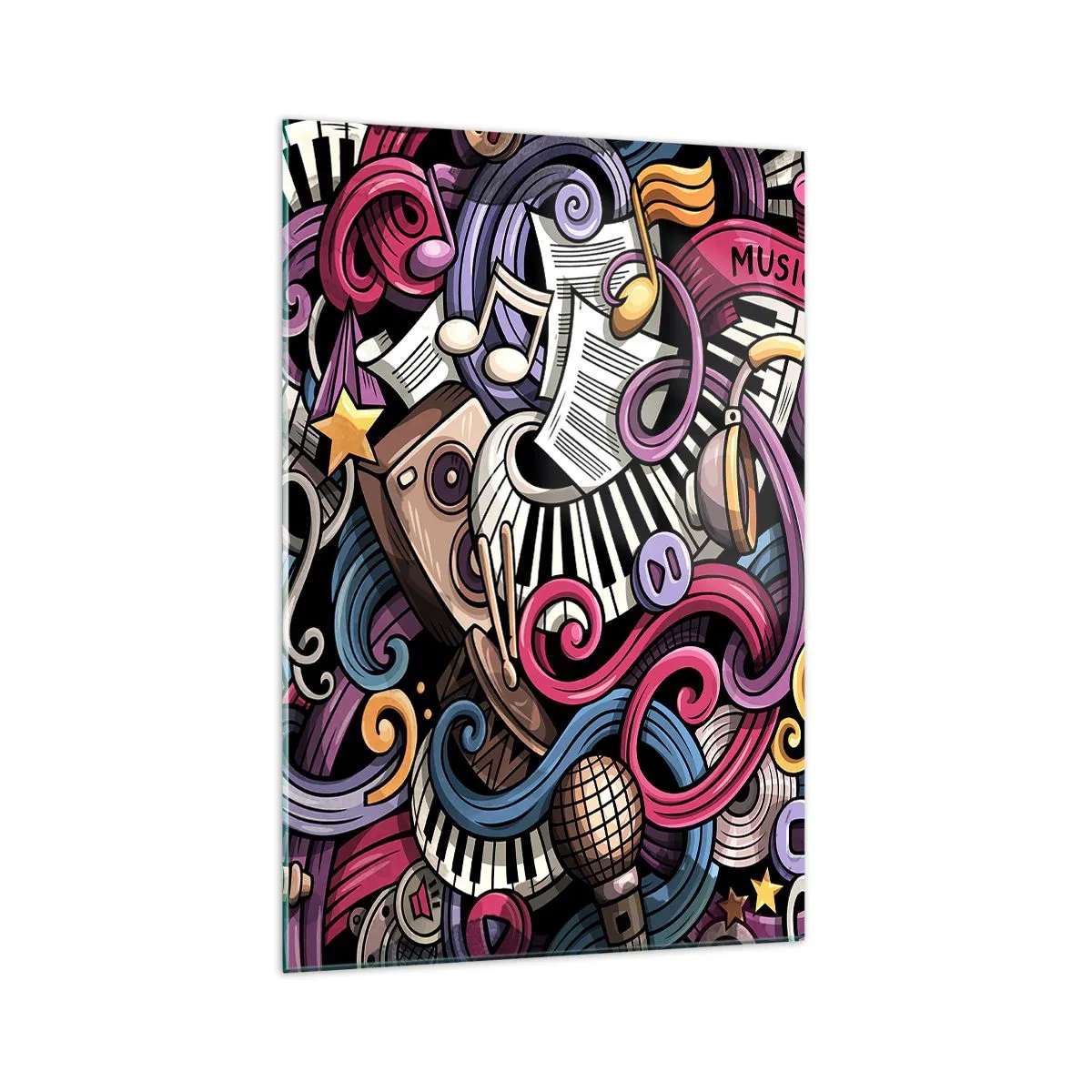 Obraz na szkle - Muzyczna abstrakcja pełna kolorowych instrumentów i nut - 70x100cm - Skomplikowana melodia - Nowoczesna dekoracja ścienna do salonu i sypialni ARTTOR