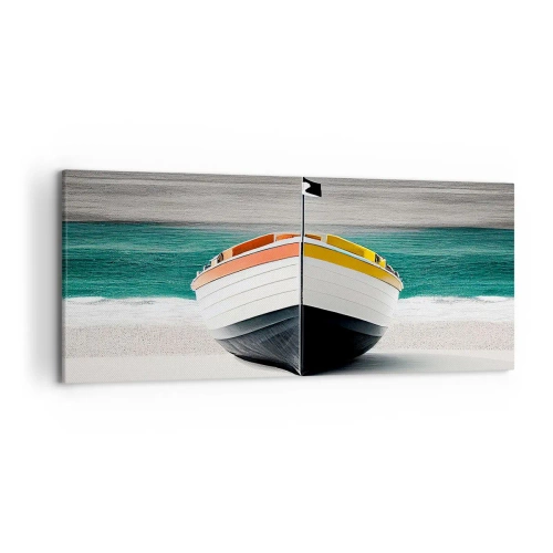Obraz na płótnie - Łódź na plaży z turkusowym morzem w tle - 120x50cm - Na swoim miejscu - Nowoczesna dekoracja ścienna do salonu i sypialni ARTTOR