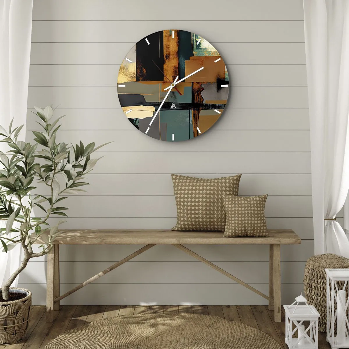 Zegar ścienny - Nowoczesna abstrakcja z kontrastem złota, czerni i błękitu - 30x30cm - Abstrakcja – światło i cień - Nowoczesna dekoracja ścienna do salonu, kuchni i sypialni ARTTOR