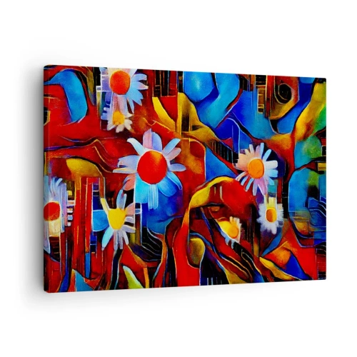Obraz na płótnie - Abstrakcyjne kwiaty na tle geometrycznych wzorów - 70x50cm - Kolory życia - Nowoczesna dekoracja ścienna do salonu i sypialni ARTTOR