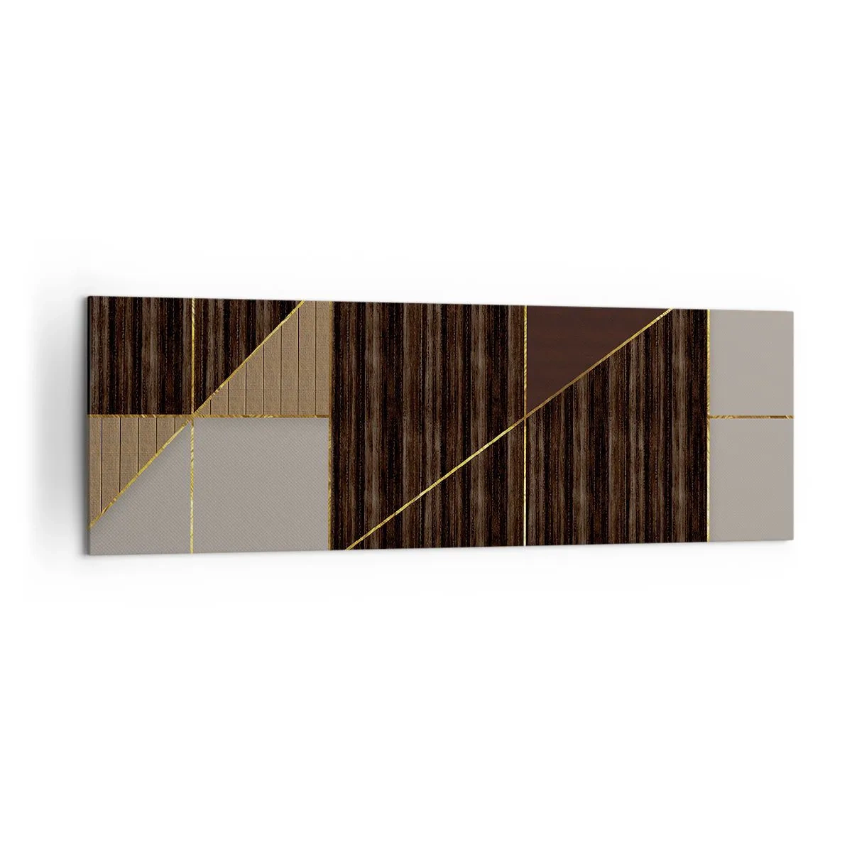 Obraz na płótnie - Geometryczne wzory w odcieniach brązu ze złotymi liniami - 160x50cm - Mozaika brązów i złota - Nowoczesna dekoracja ścienna do salonu i sypialni ARTTOR