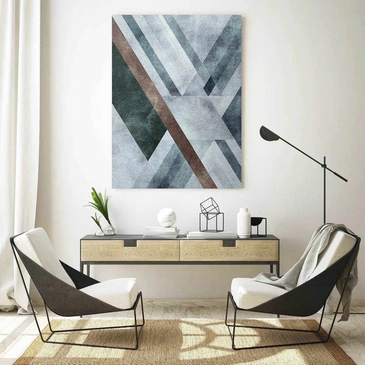 Obraz na szkle - Geometryczne formy w chłodnych odcieniach błękitu i brązu - 80x120cm - Wyszukana elegancja geometrii - Nowoczesna dekoracja ścienna do salonu i sypialni ARTTOR