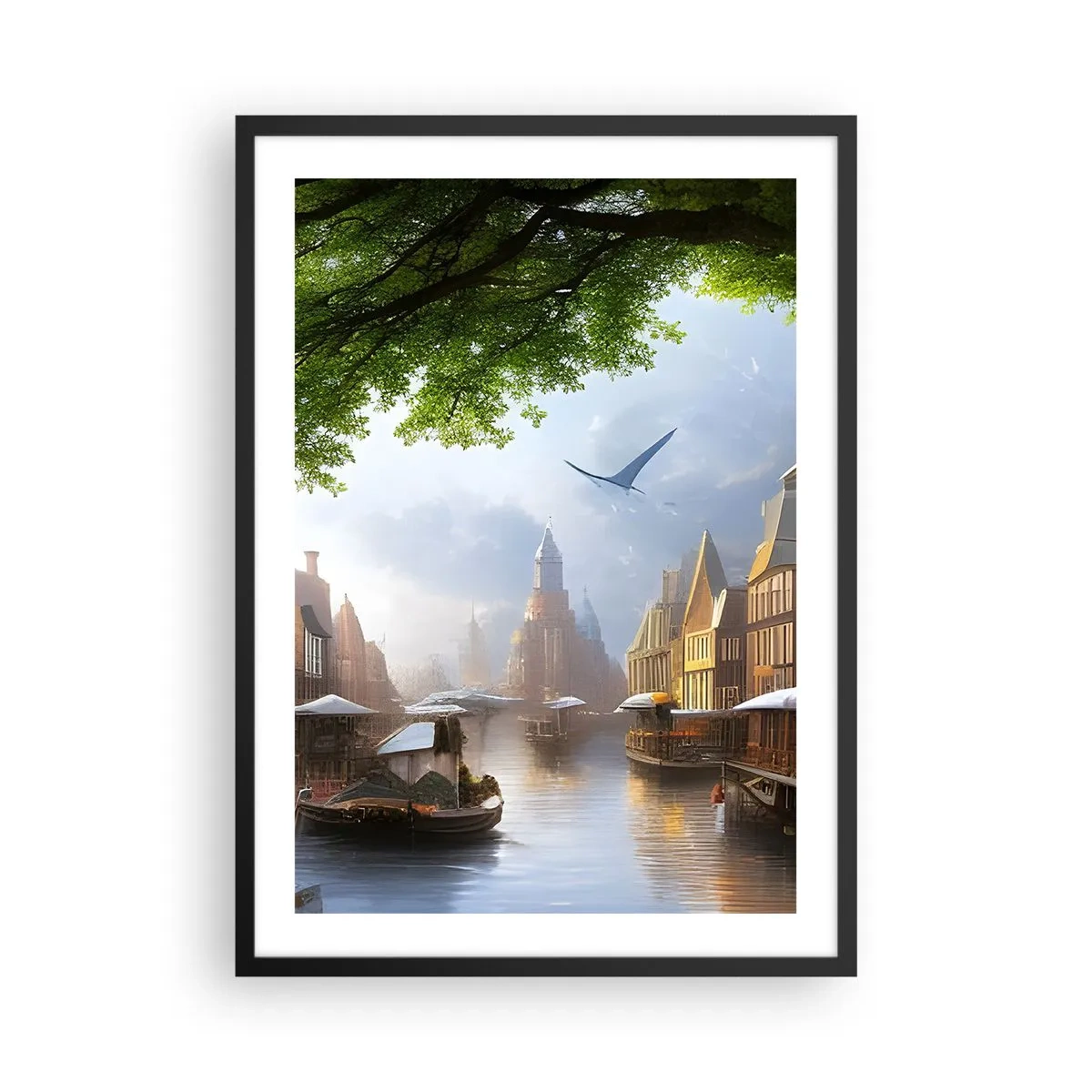 Plakat w czarnej ramie - Malowniczy widok na kanał z historyczną architekturą - 50x70cm - Niderlandzki pejzaż miejski - Nowoczesna dekoracja ścienna do salonu i sypialni ARTTOR