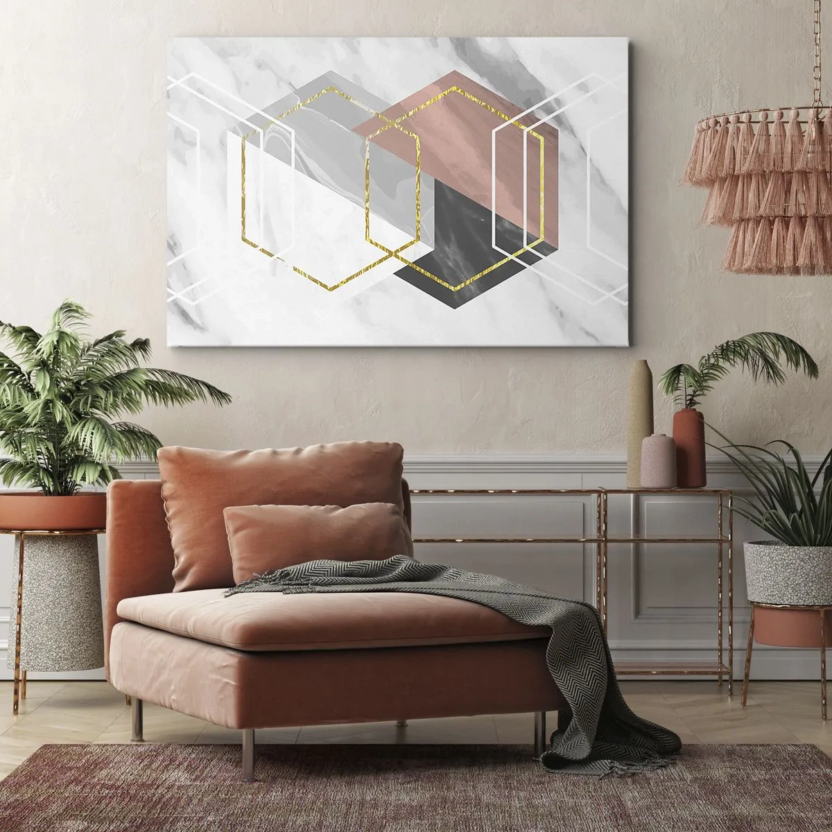 Obraz na płótnie - Geometryczne figury z akcentami złota i marmuru - 70x50cm - Kompozycja łańcuchowa - Nowoczesna dekoracja ścienna do salonu i sypialni ARTTOR