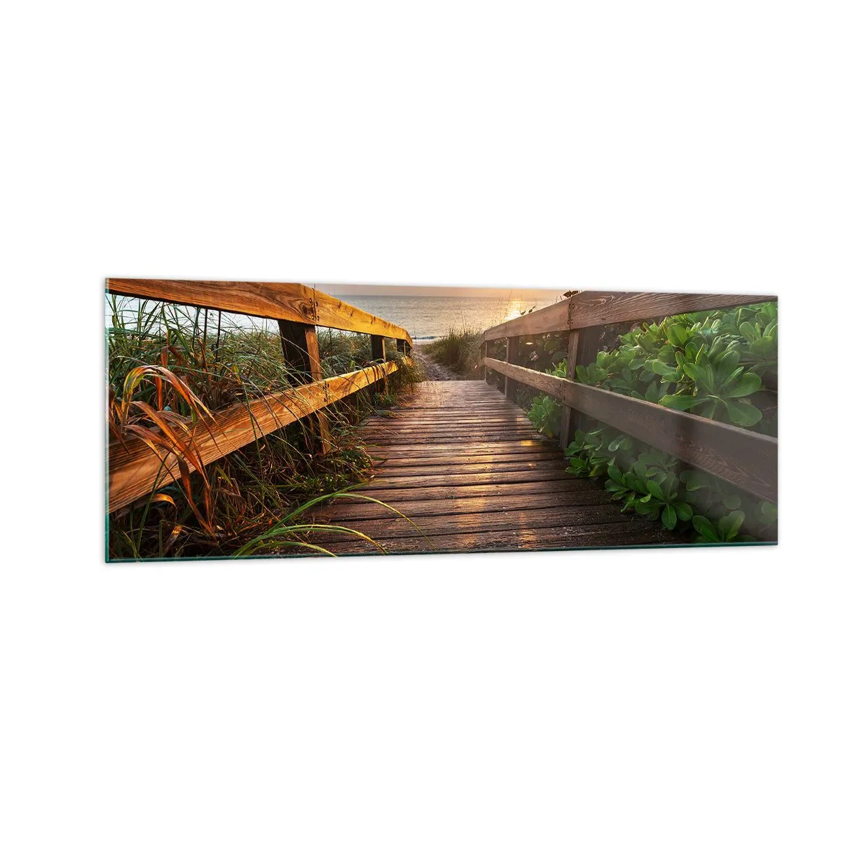 Obraz na szkle - Drewniany pomost prowadzący na plażę o zachodzie słońca - 140x50cm - I wprost nad brzeg - Nowoczesna dekoracja ścienna do salonu i sypialni ARTTOR