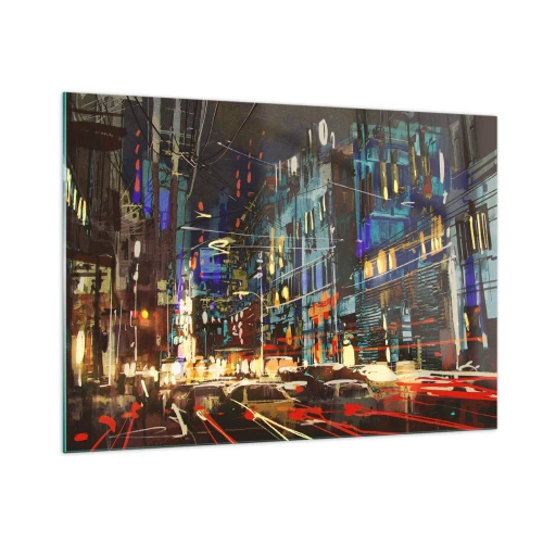Obraz na szkle - Wieczorna ulica miasta z neonowymi światłami i ruchem ulicznym - 100x70cm - Wieczorny gwar ulicy - Nowoczesna dekoracja ścienna do salonu, kuchni i sypialni ARTTOR
