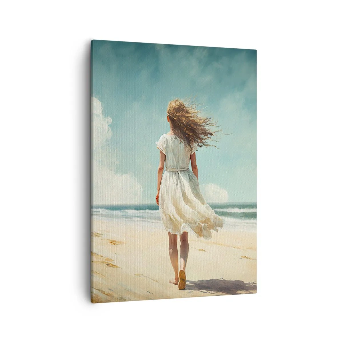 Obraz na płótnie - Kobieta w białej sukience spacerująca po plaży - 50x70cm - Na spotkanie słońca i wiatru - Nowoczesna dekoracja ścienna do salonu, kuchni i sypialni ARTTOR