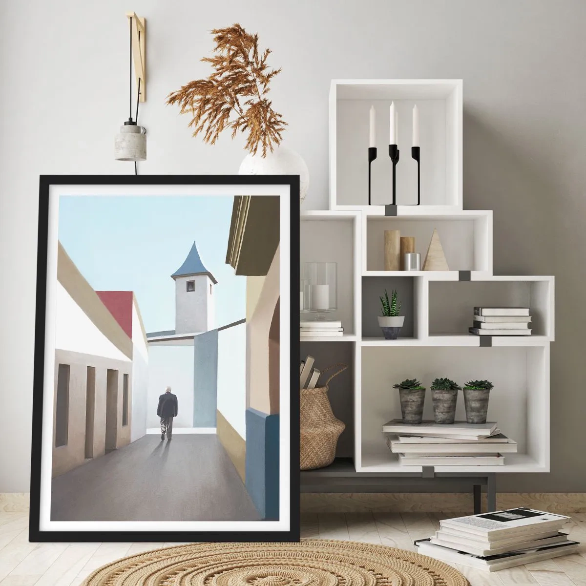 Plakat w czarnej ramie - Minimalistyczna uliczka z samotnym przechodniem - 50x70cm - Słoneczny spacer - Nowoczesna dekoracja ścienna do salonu i sypialni ARTTOR