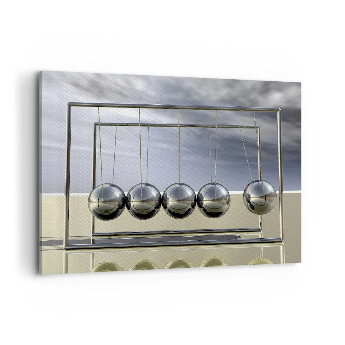 Obraz na płótnie - Kule Newtona w minimalistycznym otoczeniu z refleksami światła - 100x70cm - Energia świata - Nowoczesna dekoracja ścienna do salonu, kuchni i sypialni ARTTOR