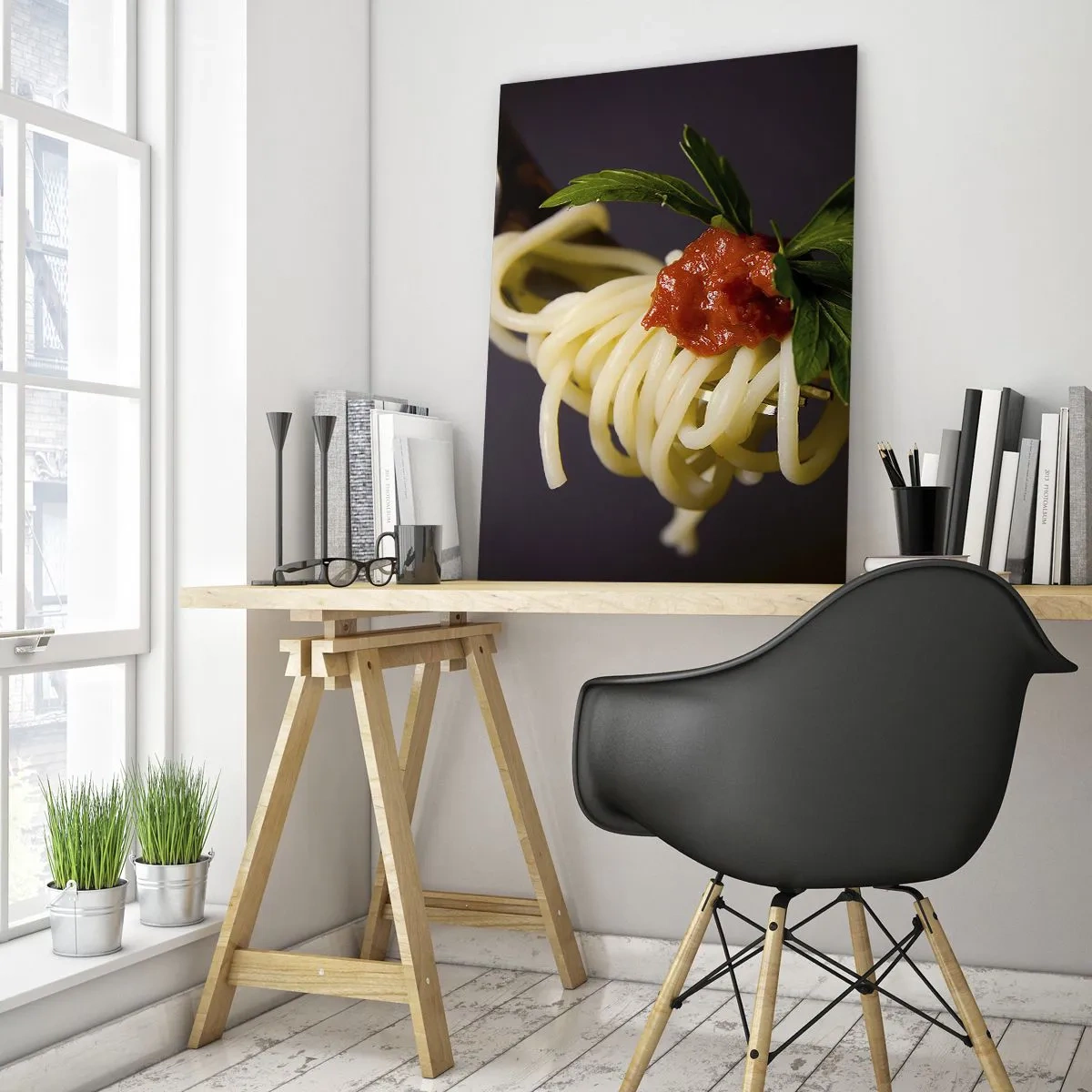 Obraz na szkle - Makaron spaghetti na widelcu z sosem pomidorowym i natką pietruszki - 80x120cm - Smakowity kęs - Nowoczesna dekoracja ścienna do salonu i sypialni ARTTOR