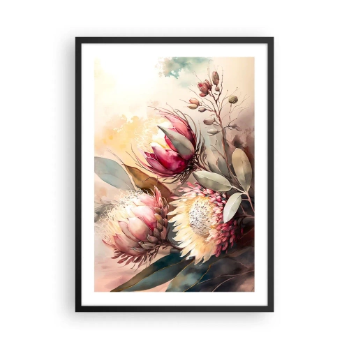 Plakat w czarnej ramie - Bukiet kwiatów protea w delikatnych barwach - 50x70cm - Z profilu i en face - Nowoczesna dekoracja ścienna do salonu i sypialni ARTTOR