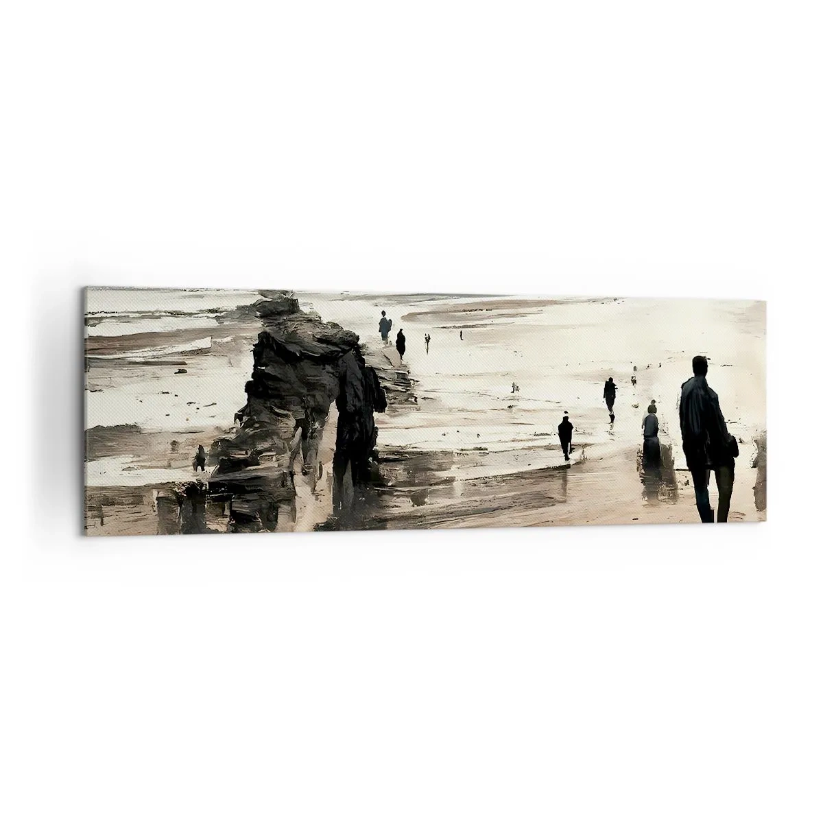 Obraz na płótnie - Spacerowicze na plaży w spokojnym pejzażu - 160x50cm - Przywołani - Nowoczesna dekoracja ścienna do salonu i sypialni ARTTOR