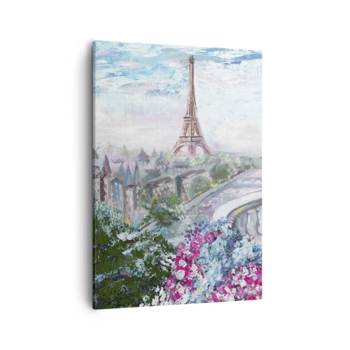 Obraz na płótnie - Widok na Wieżę Eiffla w otoczeniu kwitnących kwiatów - 50x70cm - Najpiękniej tu w maju - Nowoczesna dekoracja ścienna do salonu, kuchni i sypialni ARTTOR