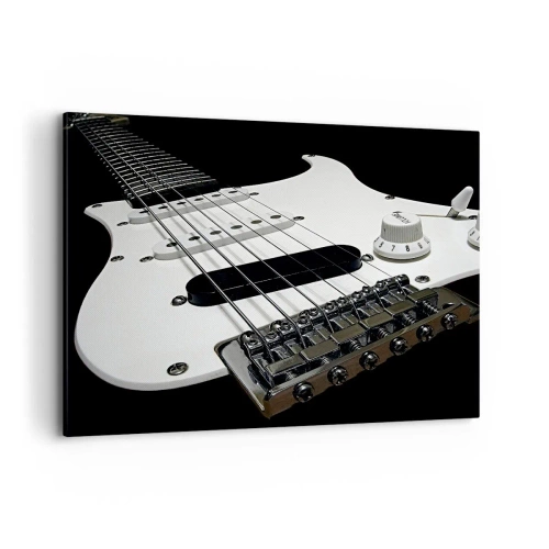 Obraz na płótnie - Biała gitara elektryczna w zbliżeniu na czarnym tle. - 100x70cm - Ukryty w bieli dźwięk - Nowoczesna dekoracja ścienna do salonu, kuchni i sypialni ARTTOR