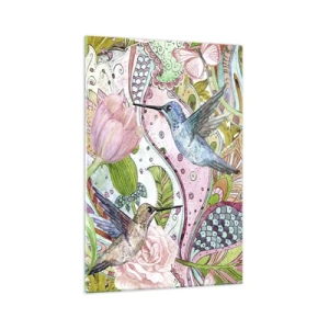 Obraz na szkle - Kolorowe kolibry i motyle wśród roślin - 70x100cm - Wplątane w pnączach - Nowoczesna dekoracja ścienna do salonu i sypialni ARTTOR