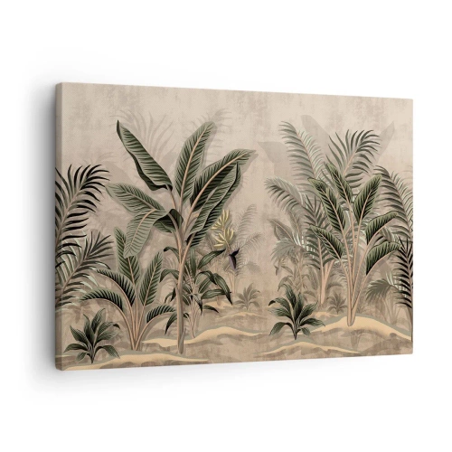 Obraz na płótnie - Palmy i tropikalna roślinność w odcieniach zieleni na beżowym tle - 70x50cm - Rycina w kolonialnym stylu - Nowoczesna dekoracja ścienna do salonu i sypialni ARTTOR