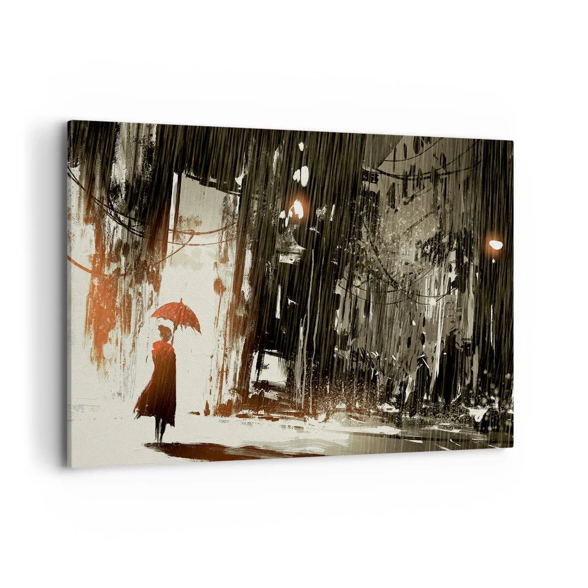 Obraz na płótnie - Czerwona postać z parasolem w deszczowej scenerii - 120x80cm - Poezja czerwonego parasola - Nowoczesna dekoracja ścienna do salonu, kuchni i sypialni ARTTOR