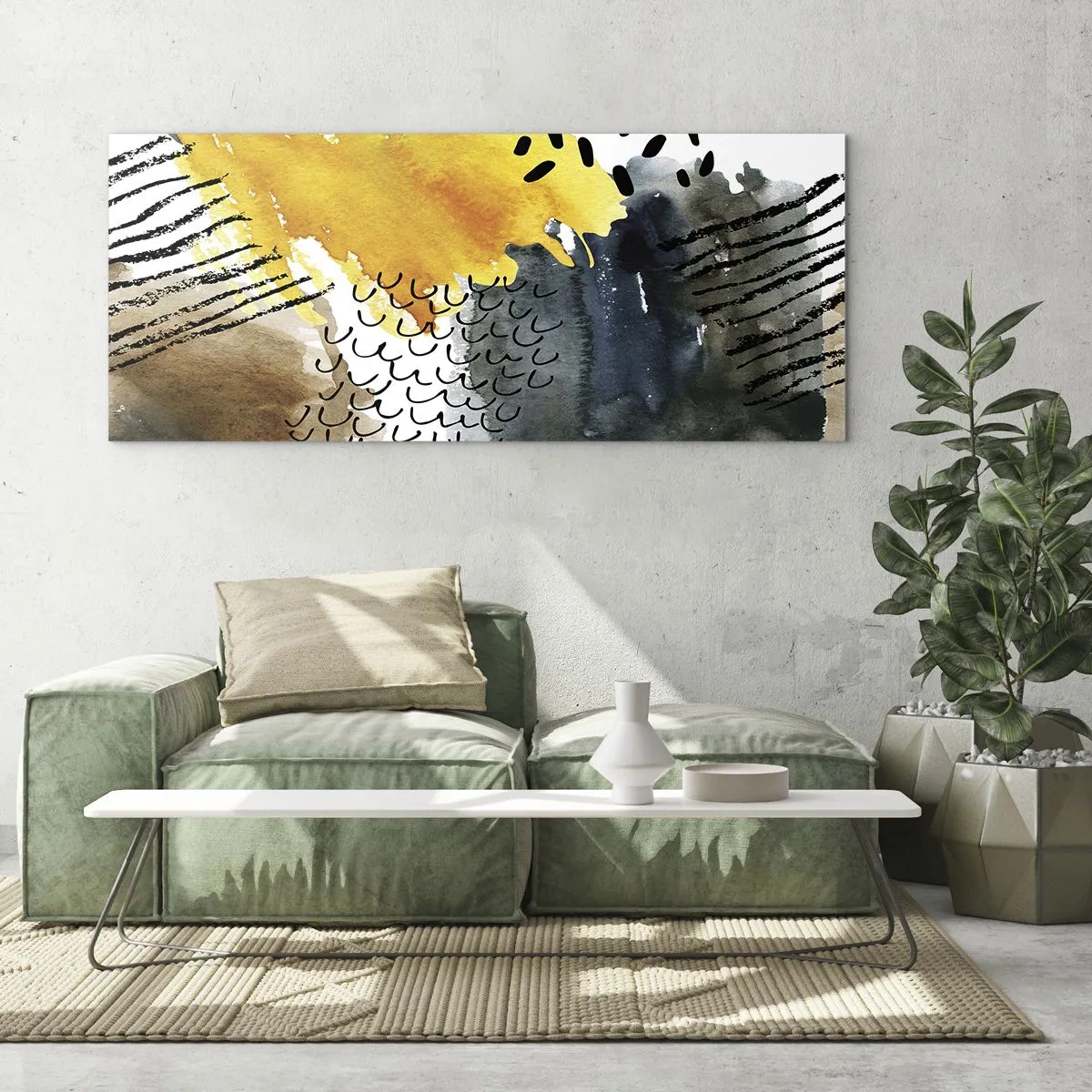 Obraz na szkle - Abstrakcyjna kompozycja z żółtymi akcentami i graficznymi wzorami - 120x50cm - Spotkanie żywiołów - Nowoczesna dekoracja ścienna do salonu i sypialni ARTTOR