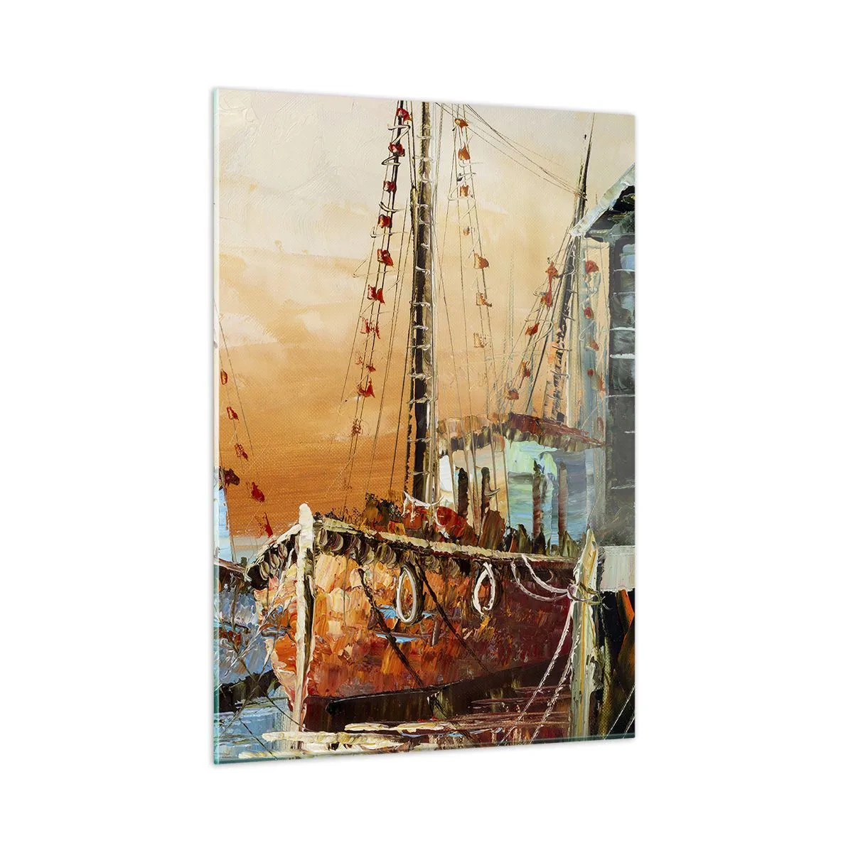 Obraz na szkle - Kolorowe łodzie przy przystani - 50x70cm - Spokojny powrót - Nowoczesna dekoracja ścienna do salonu, kuchni i sypialni ARTTOR