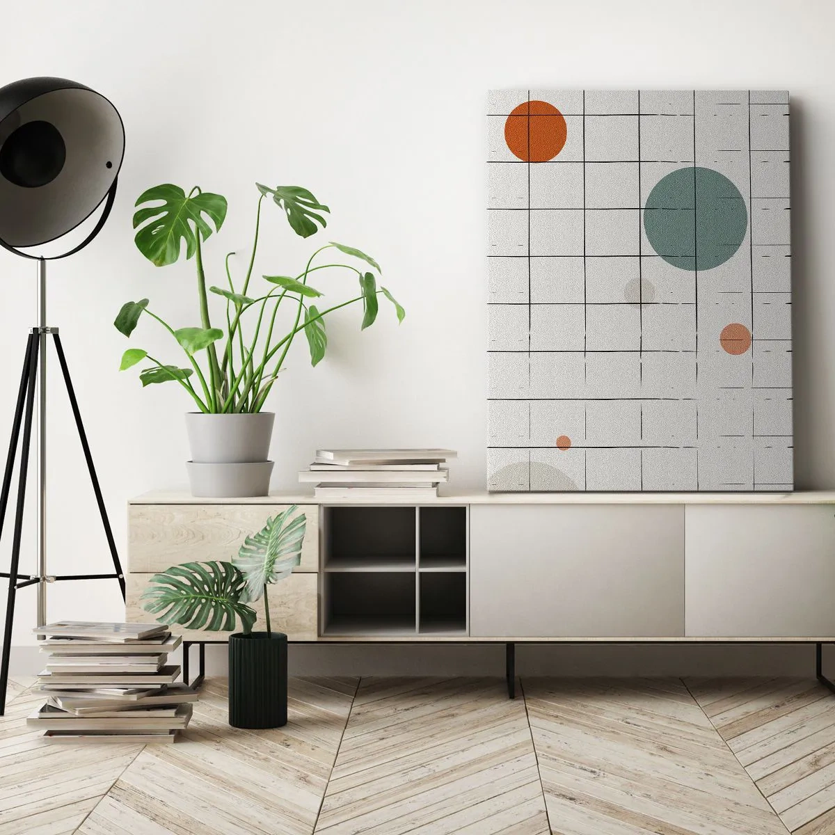 Obraz na płótnie - Abstrakcyjne geometryczne linie i kolorowe okręgi - 50x70cm - Uwięzione. My czy one? - Nowoczesna dekoracja ścienna do salonu, kuchni i sypialni ARTTOR