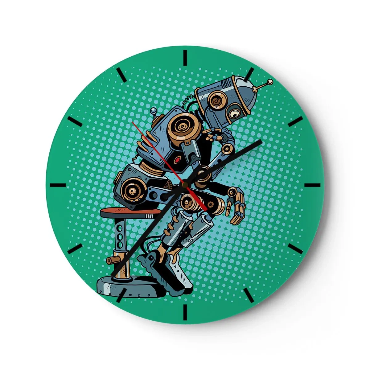Zegar ścienny - Robot w pozie myśliciela na zielonym tle - 30x30cm - Nad istotą bytu - Nowoczesna dekoracja ścienna do salonu, kuchni i sypialni ARTTOR