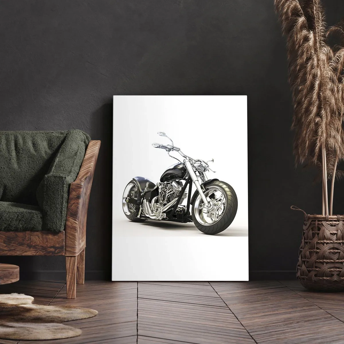 Obraz na płótnie - Czarny motocykl na jasnym tle - 50x70cm - Siła z charakterem - Nowoczesna dekoracja ścienna do salonu, kuchni i sypialni ARTTOR