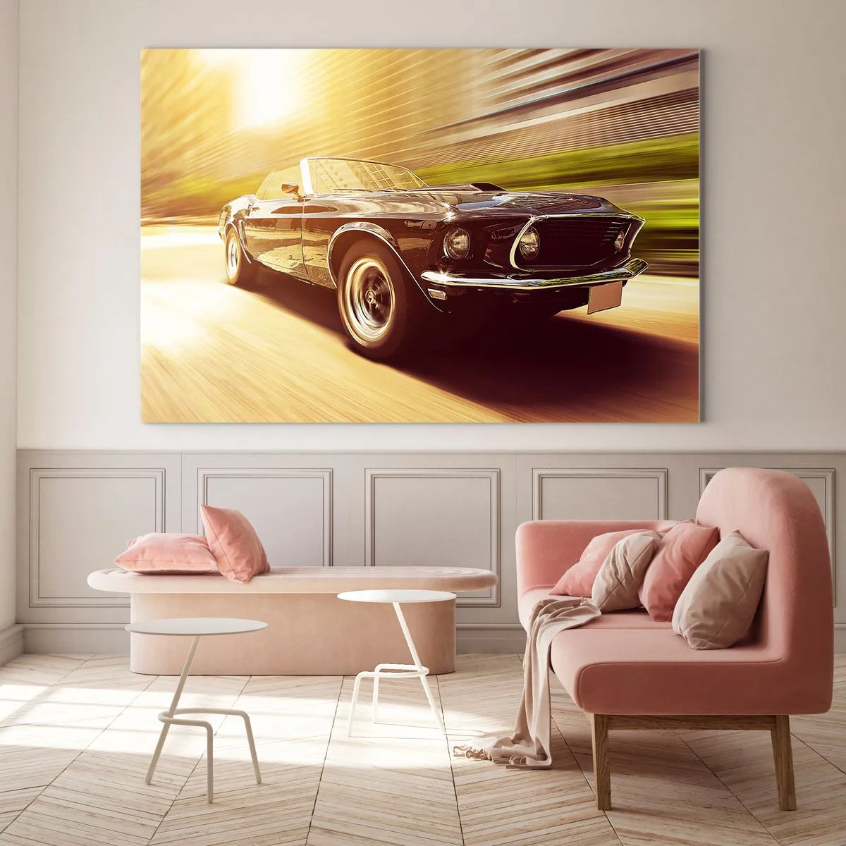 Obraz na szkle - Klasyczny samochód w ruchu w świetle słońca - 70x50cm - 1967 - powrót legendy - Nowoczesna dekoracja ścienna do salonu i sypialni ARTTOR