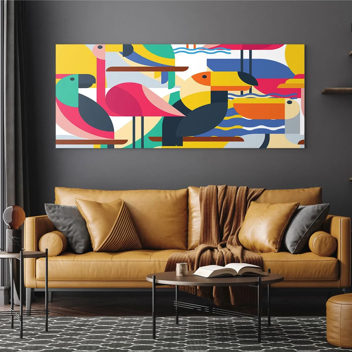 Obraz na szkle - Kolorowe ptaki w abstrakcyjnej, geometrycznej kompozycji - 160x50cm - Ptasie party - Nowoczesna dekoracja ścienna do salonu i sypialni ARTTOR