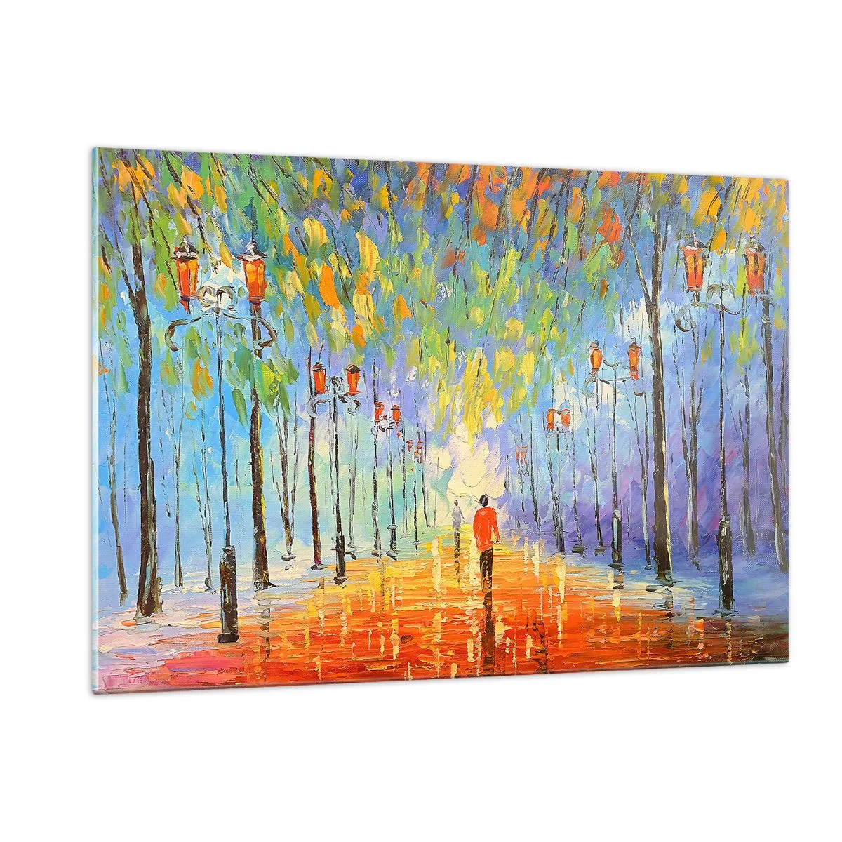 Obraz na szkle - Kolorowy park z alejką i latarniami w malarskim stylu - 120x80cm - Nocna piosenka deszczu - Nowoczesna dekoracja ścienna do salonu, kuchni i sypialni ARTTOR