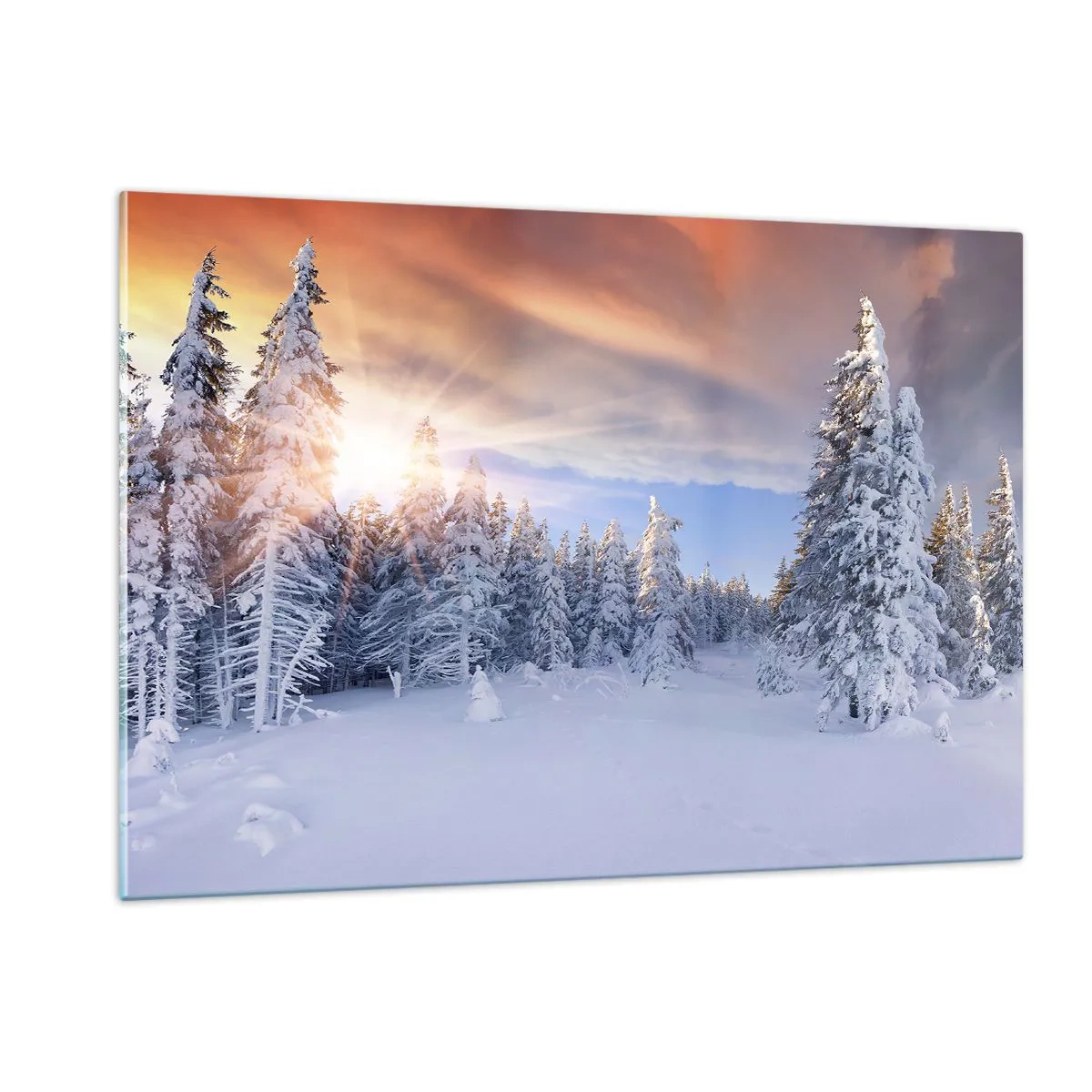 Obraz na szkle - Zimowy krajobraz z zaśnieżonymi drzewami o zachodzie słońca - 120x80cm - Snieżny spektakl natury - Nowoczesna dekoracja ścienna do salonu, kuchni i sypialni ARTTOR