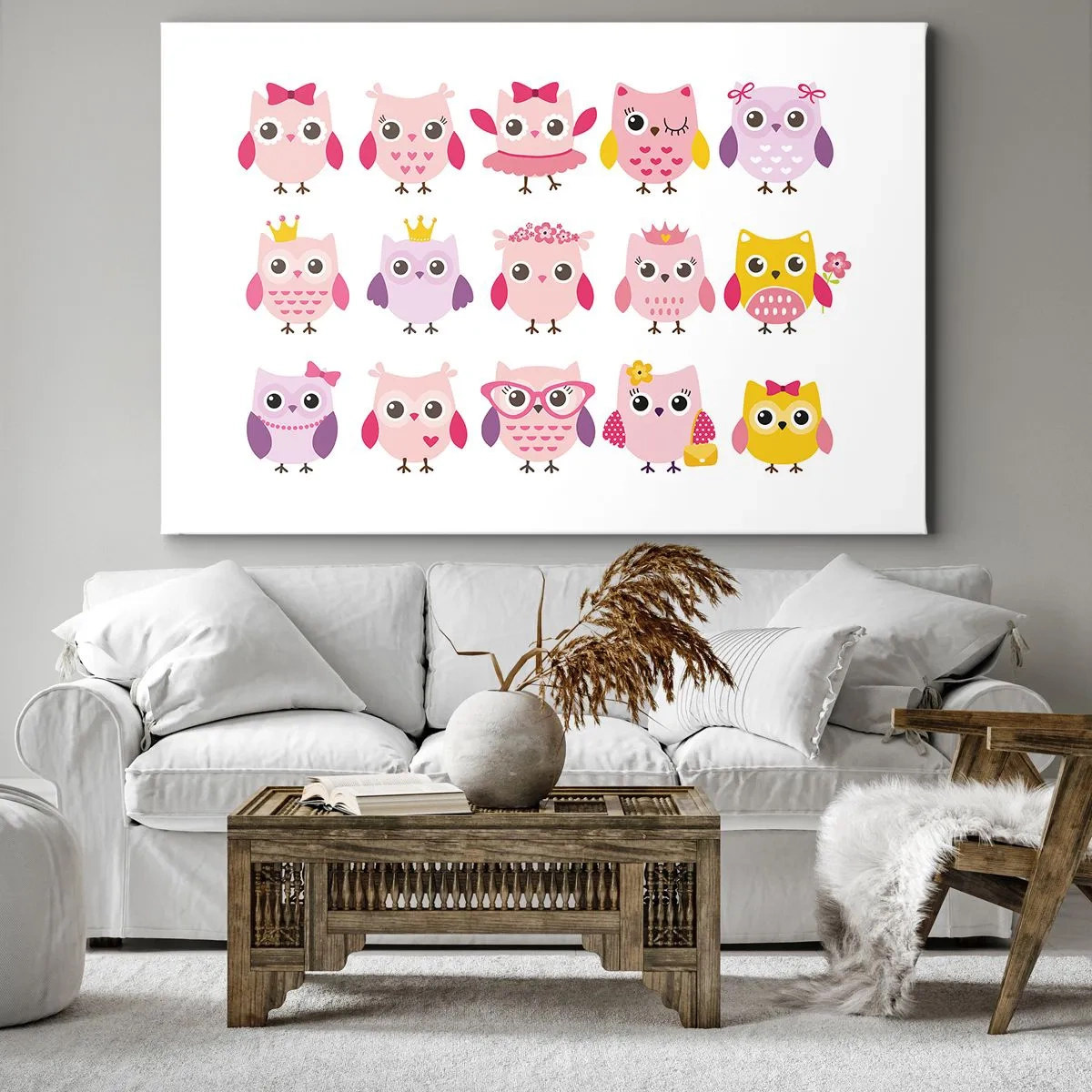 Obraz na płótnie - Urocze sowy w pastelowych kolorach - 70x50cm - Jedna słodsza od drugiej - Nowoczesna dekoracja ścienna do salonu i sypialni ARTTOR