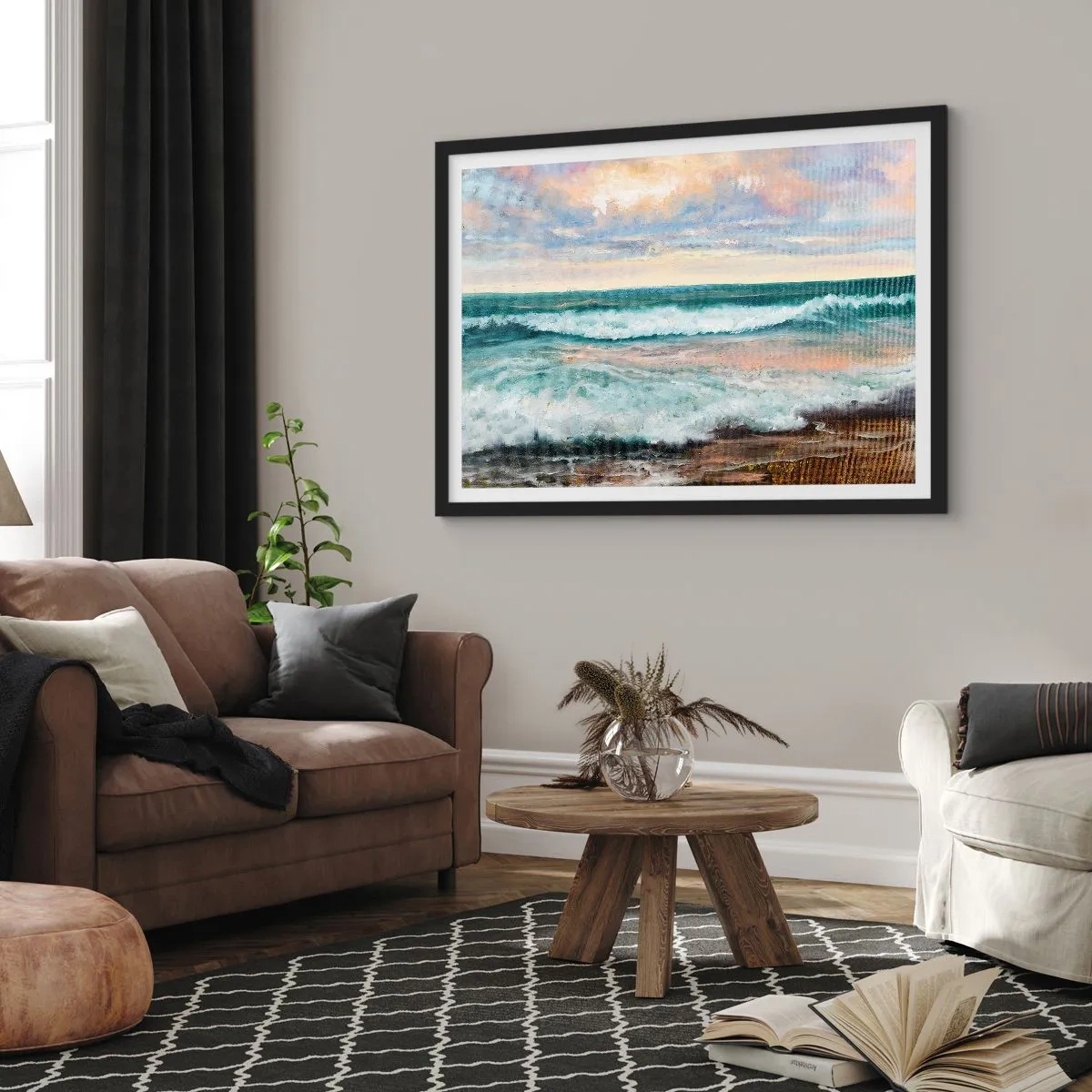 Plakat w czarnej ramie - Morskie fale na tle zachmurzonego nieba o zachodzie słońca - 70x50cm - Tutaj wygładzisz duszę - Nowoczesna dekoracja ścienna do salonu i sypialni ARTTOR