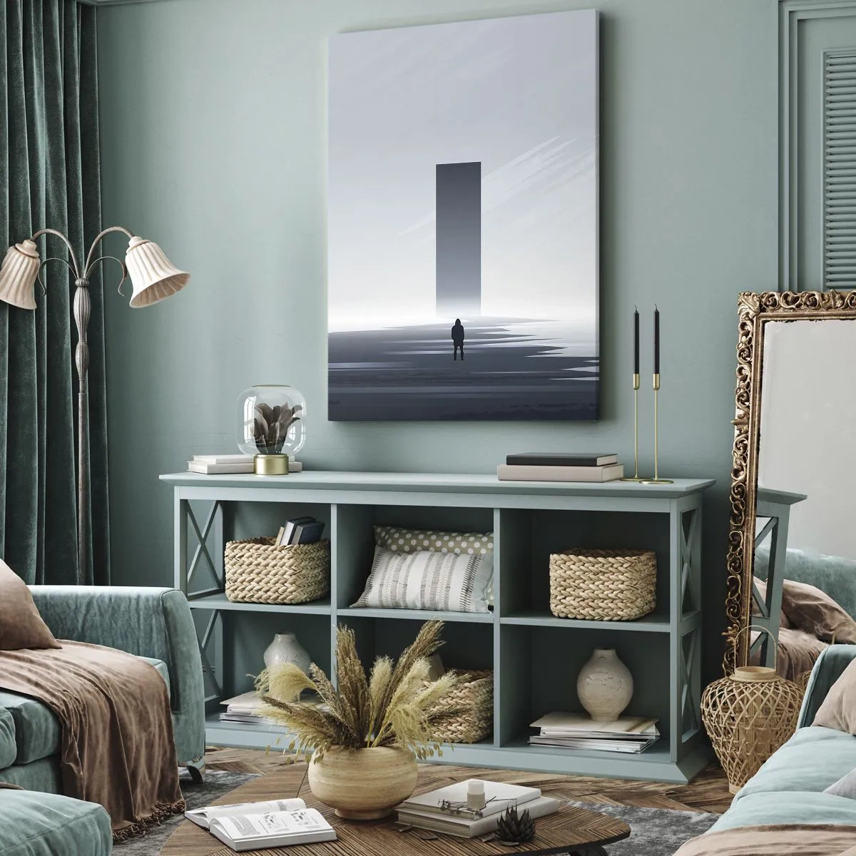 Obraz na płótnie - Minimalistyczny pejzaż z sylwetką przy prostokątnym monolicie - 70x100cm - Szansa czy zagrożenie? - Nowoczesna dekoracja ścienna do salonu i sypialni ARTTOR