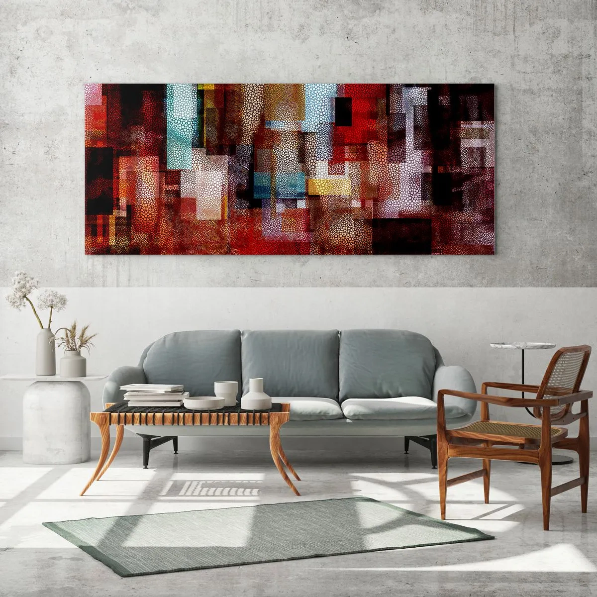 Obraz na szkle - Geometryczna abstrakcja w intensywnych odcieniach czerwieni - 160x50cm - Pomieszanie z poplątaniem - Nowoczesna dekoracja ścienna do salonu i sypialni ARTTOR