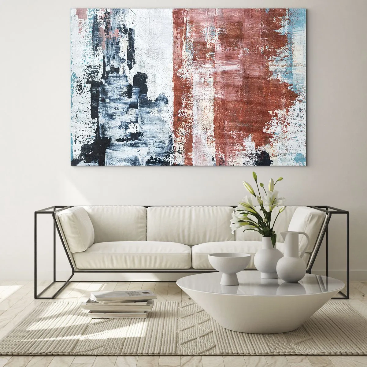 Obraz na szkle - Abstrakcyjne połączenie błękitu i rdzawej czerwieni - 70x50cm - Abstrakcyjne pół na pół - Nowoczesna dekoracja ścienna do salonu i sypialni ARTTOR
