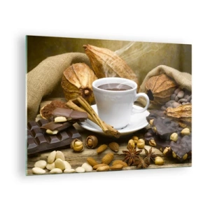 Obraz na szkle - Filiżanka gorącej czekolady otoczona czekoladą i przyprawami - 70x50cm - Dla poszukiwaczy wrażeń - Nowoczesna dekoracja ścienna do salonu i sypialni ARTTOR
