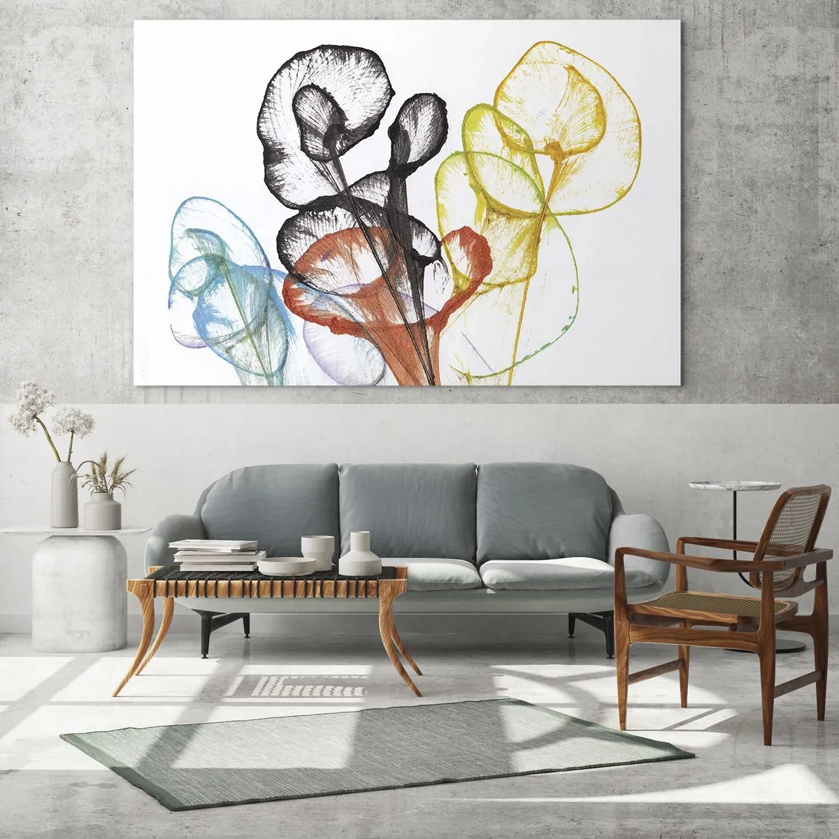 Obraz na szkle - Kolorowe przezroczyste kwiaty na białym tle - 120x50cm - Kwiaty z duszą - Nowoczesna dekoracja ścienna do salonu i sypialni ARTTOR