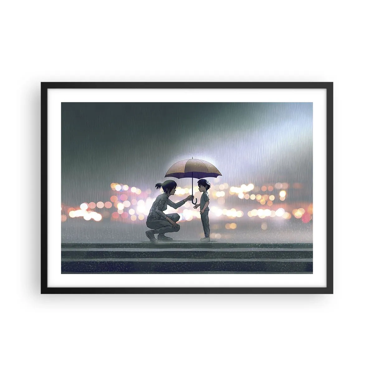 Plakat w czarnej ramie - Postać z parasolem chroniąca dziecko na tle nocnych świateł - 70x50cm - I już jest wszystko dobrze - Nowoczesna dekoracja ścienna do salonu i sypialni ARTTOR