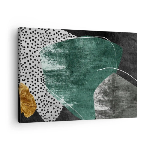 Obraz na płótnie - Abstrakcyjna kompozycja z zielonymi kształtami i wzorami kropek - 70x50cm - Barwna abstrakcja z płatkiem złota - Nowoczesna dekoracja ścienna do salonu i sypialni ARTTOR